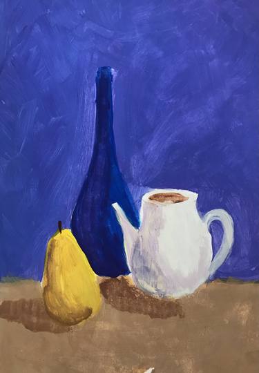 STILL LIFE WITH YELLOW PEAR AND TEPOT ON BLUE BACKGROUND thumb