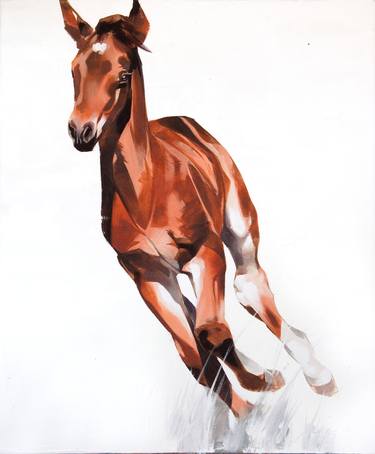 original oil painting on canvas depicting a running horse on a white background thumb