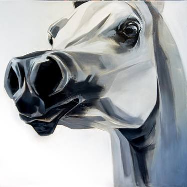 original oil painting on canvas depicting a portrait of a white Arabian horse on a white background thumb