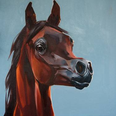 an original oil painting on canvas depicting a portrait of a Bay horse on a gray background thumb