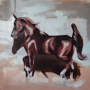 The original oil painting on canvas with a size of 60 by 60 cm depicts a Bay horse a racehorse on a gray background thumb