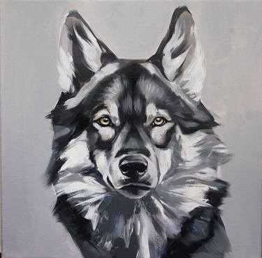 Original oil painting on canvas size 40 by 40 cm, portrait of the wolf's head. thumb