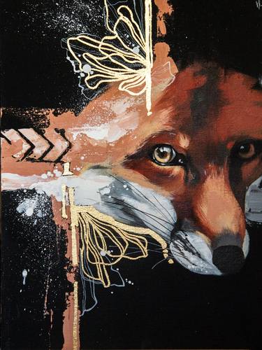 Original acrylic painting on a wooden canvas portrait of a Fox's head with the addition of gold leaf thumb