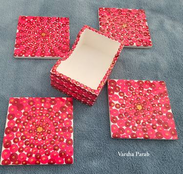 Coasters Set - Pink, Red, Gold Dots on White Background thumb