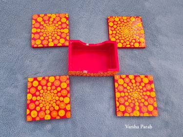 Coasters Set - Yellow, Orange, Gold Dots on Red Background thumb