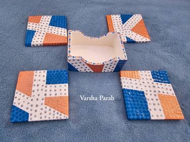 Coasters Set - Peach Gold, Blue, Silver Dots on White Background thumb