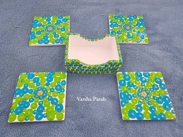 Coasters Set - Green, Blue, Gold Dots on White Background thumb