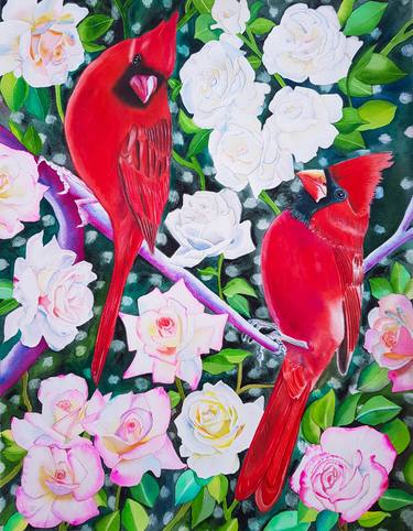 Red Songbirds with Roses - Love Birds Series thumb