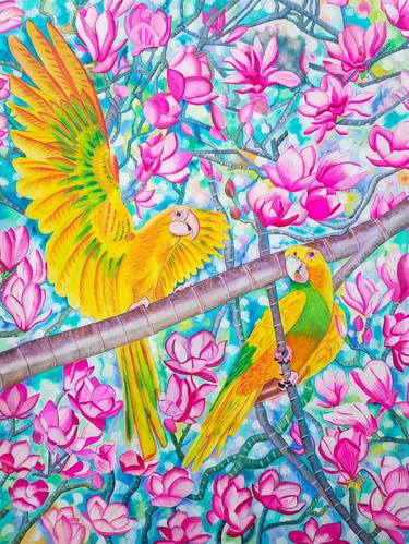 Golden Conure with Magnolia - Lovebirds Series thumb