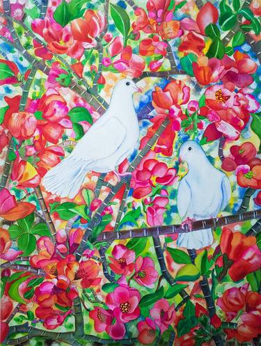 Doves with Flowering Quince - Love Birds Series thumb