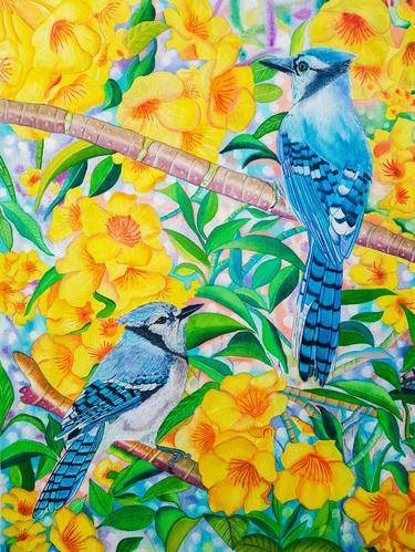 Blue Jays with Yellow Trumpets - Love Birds Series thumb
