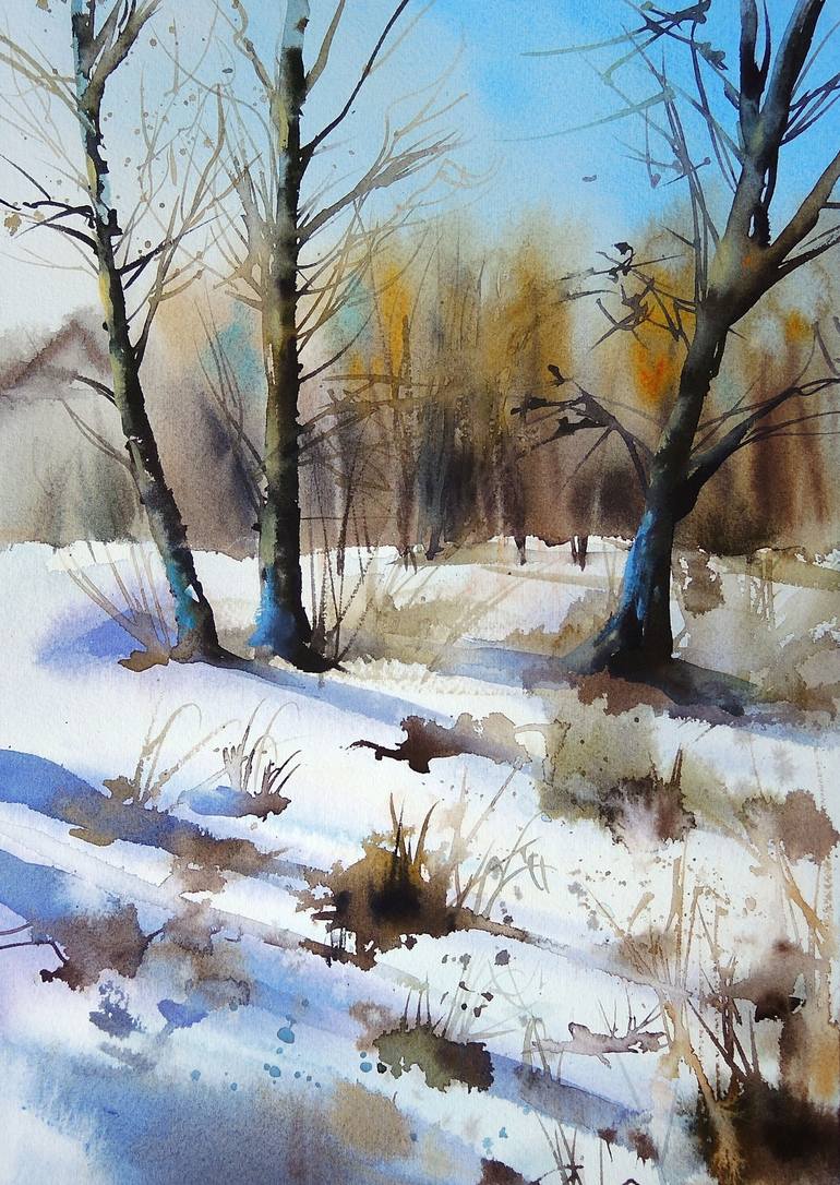 Winter Landscape Watercolor With Nature Painting By Irina Pronina | Saatchi Art