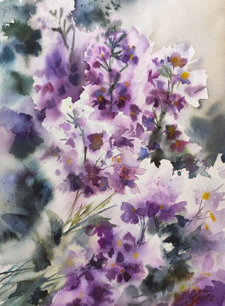 Summer flowers in lilac Watercolor painting (white, lilac, emerald ...