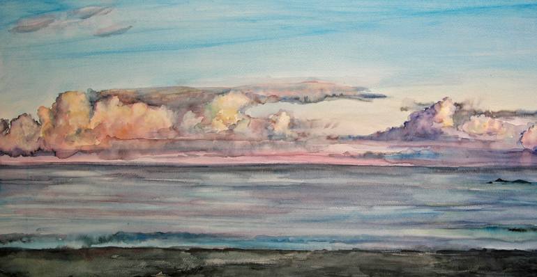 Original Seascape Painting by Anastasia Zakharova | Figurative Art on Paper | Sunset on the beach Reynisdrangar