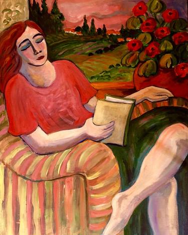 Woman Reading in Striped Chair thumb