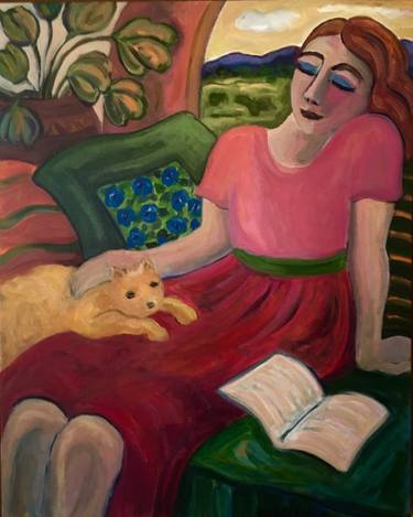 Woman with Book and Orange Cat thumb