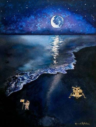 Mysterious Moon Landing, Surrealist Watercolor thumb