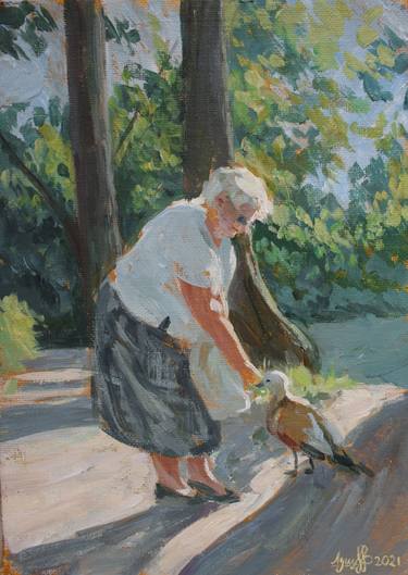 THE OLD LADY AND THE DUCK – original painting warm impressionistic summer thumb