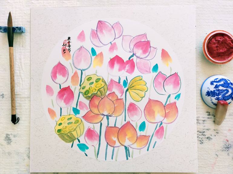 Original Art Deco Floral Painting by Ran Hao