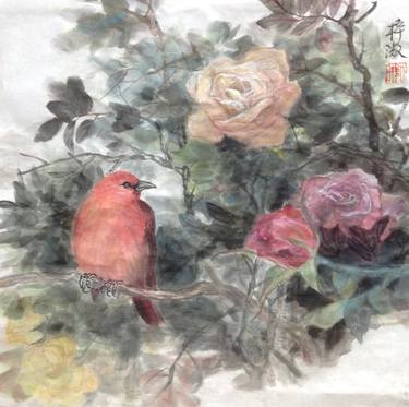 Roses and bird (rose garden 3) thumb