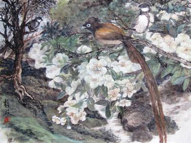 Three birds perching among the pear blossoms thumb