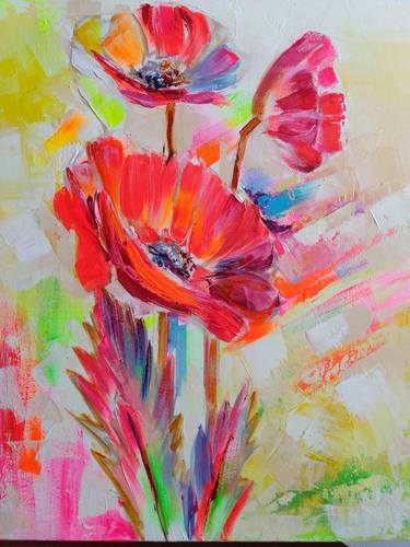 Oil painting POPPIES neon 20x24 inches (50x60 cm). The original is made by thumb