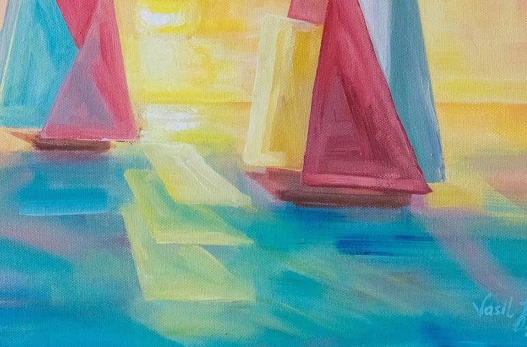 Original Cubism Sailboat Painting by Galina Vasiljeva