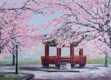 Seoul. Sakura blossom. Traditional Korean wooden gazebo thumb