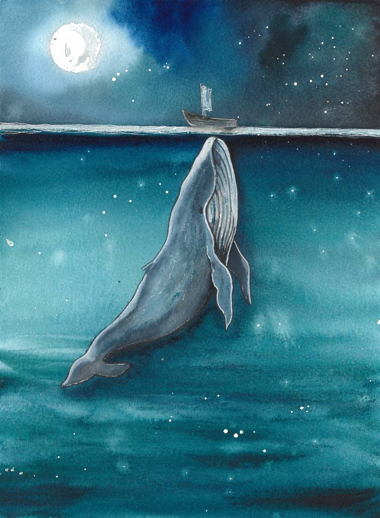 Whale and boat Painting by NADEZHDA OPEKUNOVA | Saatchi Art