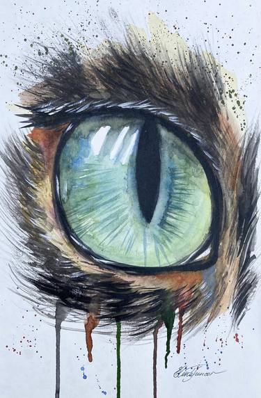 "I see you" Cat's Eye Animal Watercolor on Paper, thumb