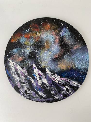 Snowy Mountains Original Painting on Round Wood Board thumb