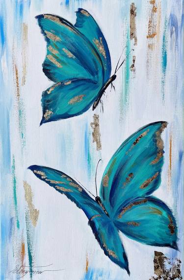 Butterflies Original Painting, Animal Turquoise Blue Golden Leaf thumb