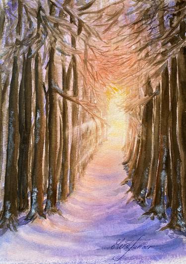 Winter Forest ORIGINAL PAINTING Colorful Watercolor thumb