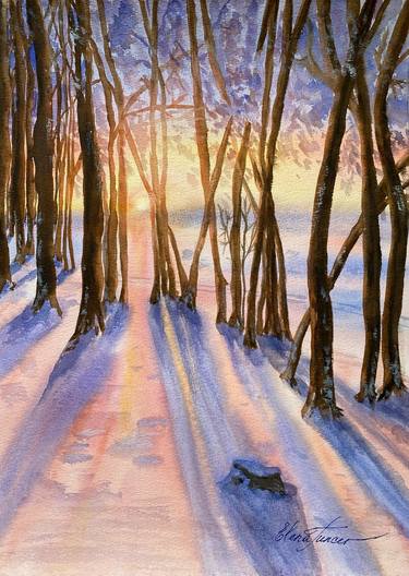 Winter PAINTING Snow Sunset Forest Trees Watercolor Artwork thumb