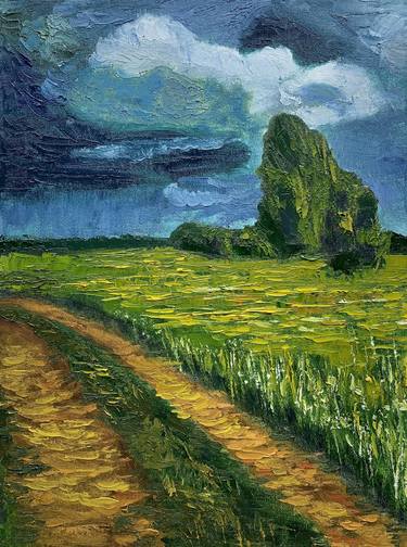 'Rainy sunny field' oil on canvas Natural Landscape thumb