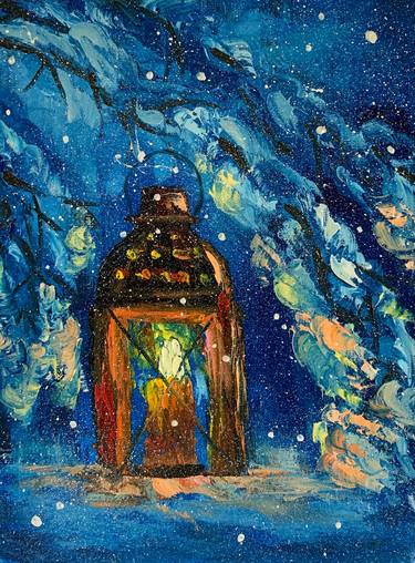 ''Magic night light'' in winter oil painting on canvas Christmas gift thumb