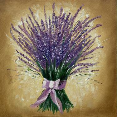 ''Purple Gift'' Bouquet lavender Oil painting on Canvas Home art thumb