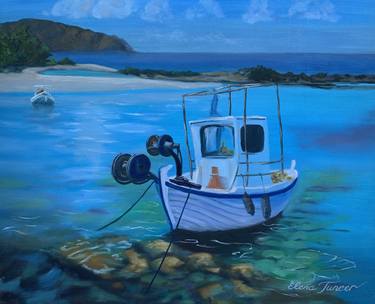 'Fishing little boat on mooring line' Boat and blue seascape beach, oil on stretched canvas thumb