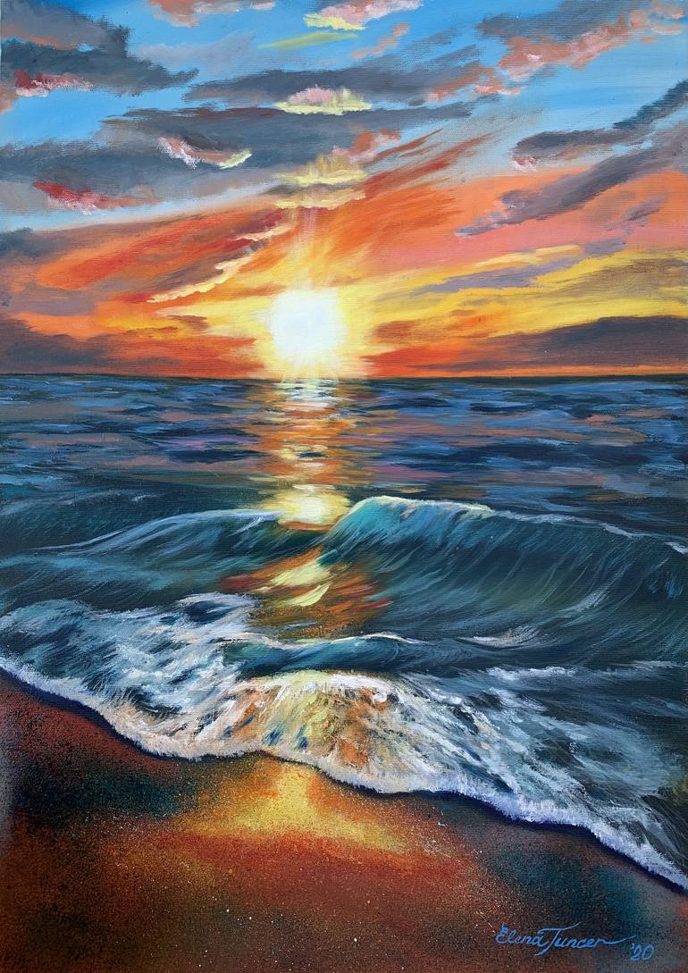 Big Sunset And Wave Landscape Acrylic Painting On Canvas Large Sunset Canvas  Art Huge Ocean Wave