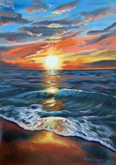 'Pacification' The ocean/sea wave, sunset, sun spot, oil on large canvas thumb