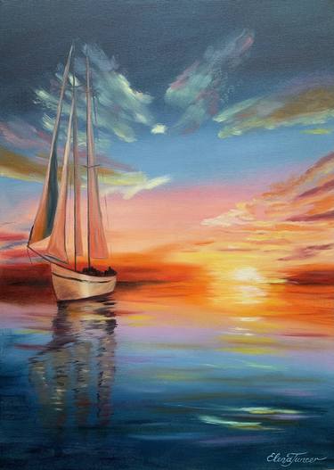 'Sunset Glamour' Sailboat in a beautiful Sunset, Sailing Yacht on the Sea, oil on large canvas thumb