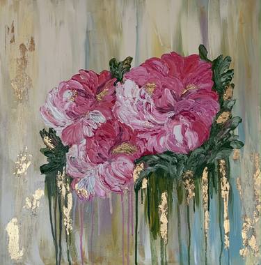 'Peony's Melody' Acrylic with golden leaf, Interior painting thumb