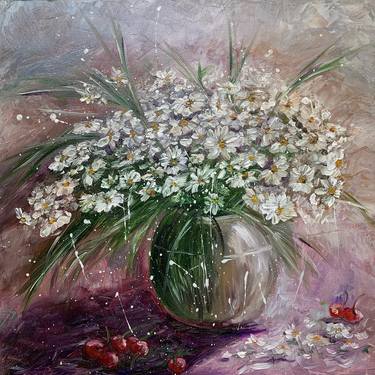 'Camomiles gratification' bouquet in vase, Oil on Canvas thumb