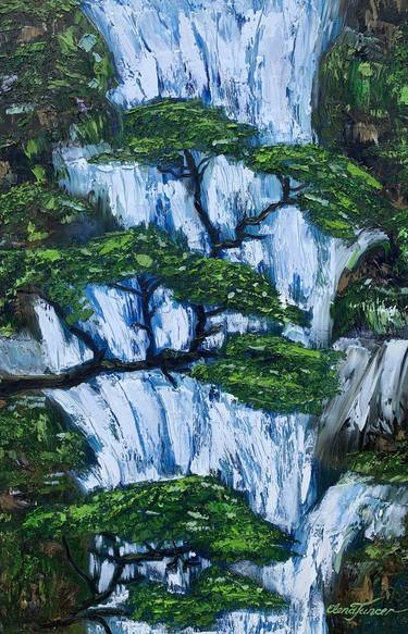 'Waterfall dream' Tropical trees and Spring water oil Painting thumb