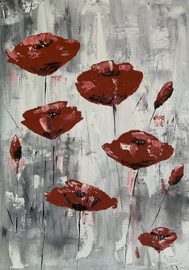 'Red poppies on grey field' Original Artwork acrylic on canvas thumb