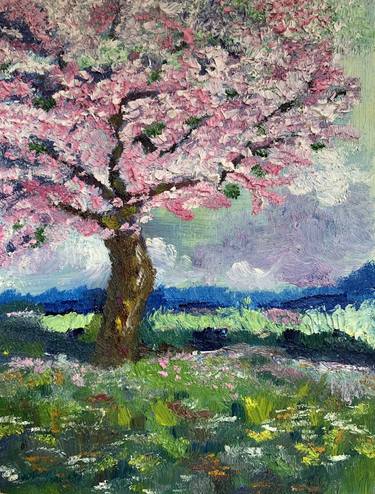 ''Pink Blossom'' Tree Oil Miniature Painting on Wood Board thumb
