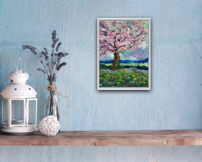 Cherry Blossom Branch Painting on a Round Canvas - A Serene
