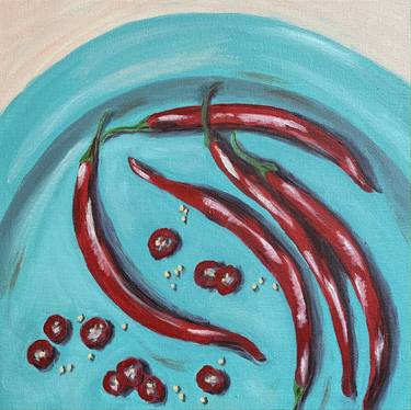 ''Red Chilies'' Original Oil Painting on Canvas, Still Life Chili Pepper on Turquoise Plate thumb