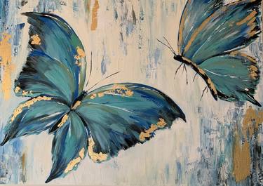 ''Blue Turquoise Butterflies'', Acrylic Painting, Prints - Limited Edition of 900 thumb