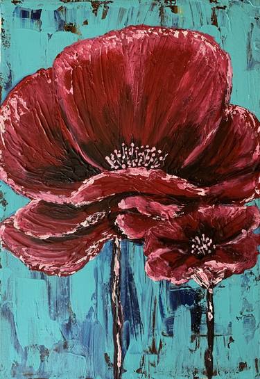 ''Two Red Poppies'' Turquoise Background Big Flowers, Acrylic textured artwork thumb